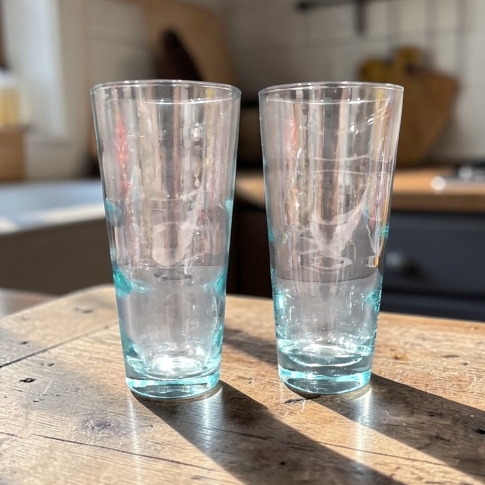 Libbey Saturn Optic Ripple Glasses, Set of 2, Aqua Tumblers, Vintage‎ Glassware